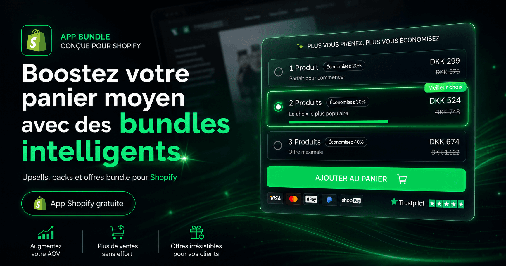 Widget d'offre groupée Kaching sur une boutique Shopify : 1, 2 ou 3 produits avec remise progressive